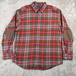 Pendleton Hawthorne Flannel Elbow Patch Mens L Red Plaid Tartan Button Up Shirt